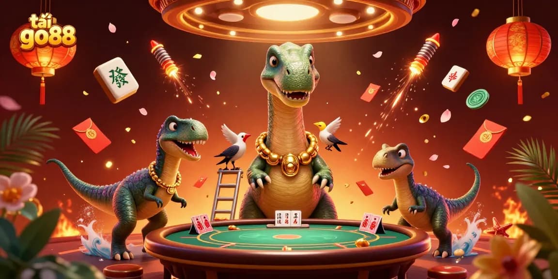 Experience the excitement of tải go88 with a fantasy casino scene featuring dinosaurs and vibrant game elements.