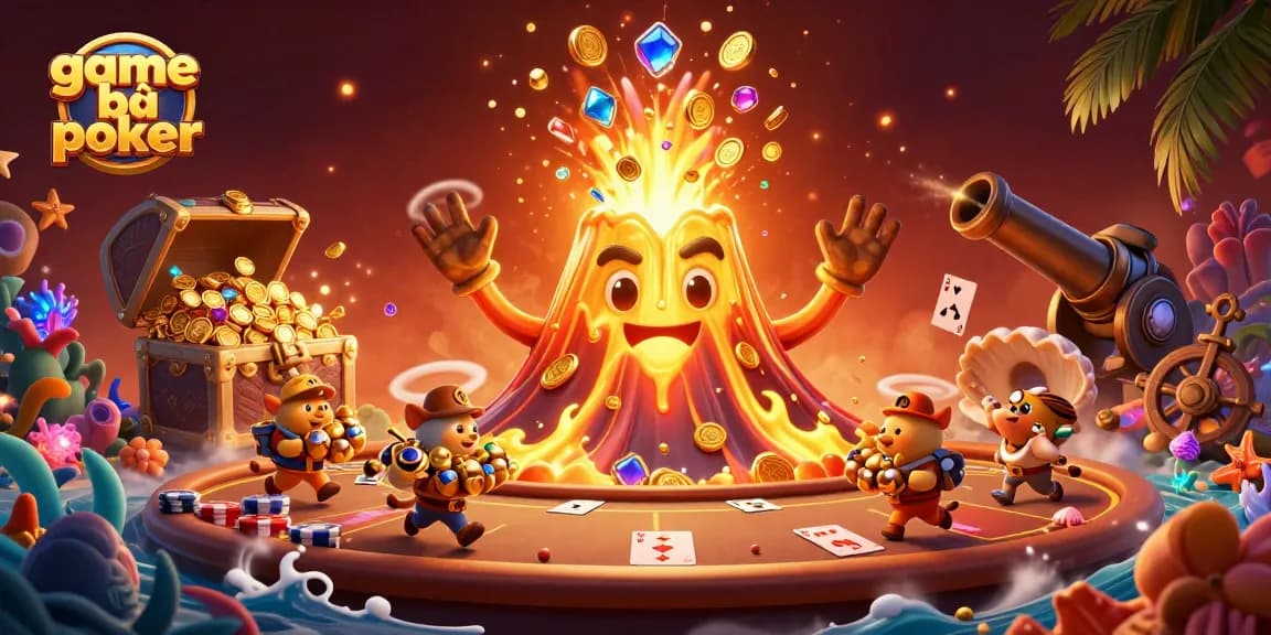 Engage in game bài poker while enjoying a vibrant casino atmosphere with golden eruptions and treasures.