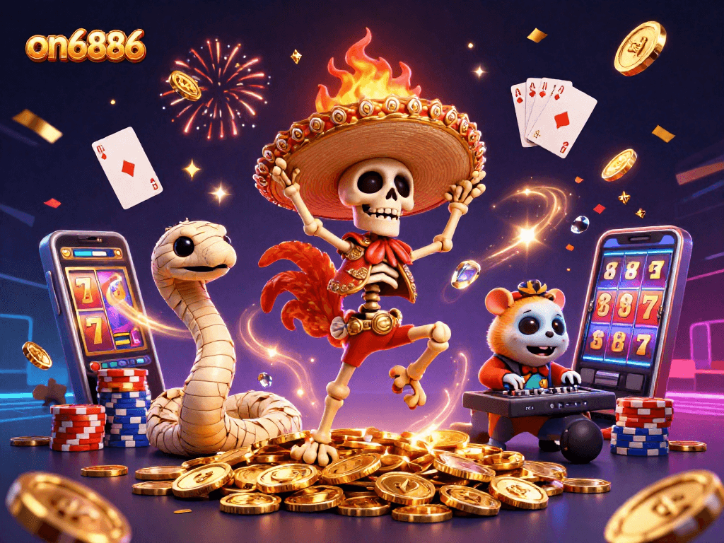 Experience excitement with on6886 as a mariachi rooster celebrates on a stack of coins