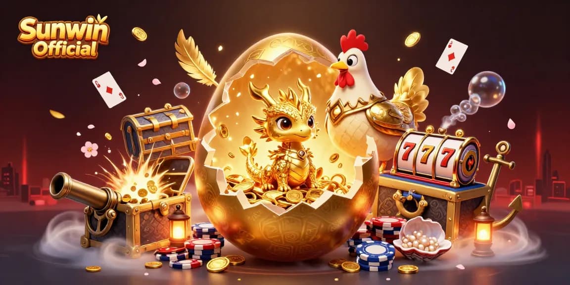 Experience the excitement with Sunwin Official and join a world of vibrant casino action featuring golden charms and poker chips.