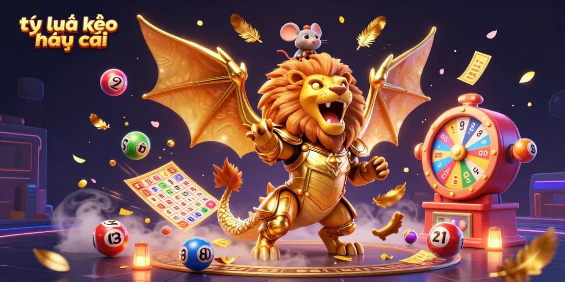 Engaging illustration highlighting tỷ lệ kèo nhà cái with a triumphant chimera and dynamic lottery elements.