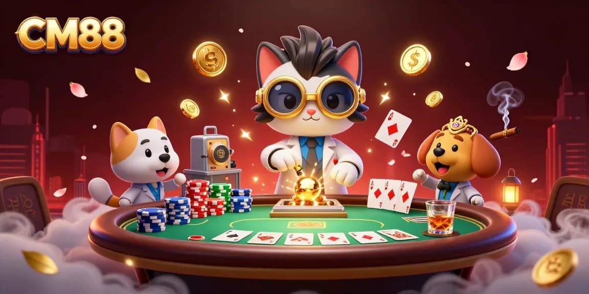Engage in thrilling gameplay at CM88 with vibrant 3D casino scene featuring poker elements.