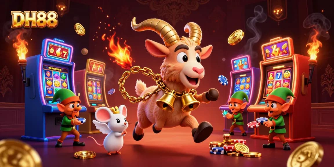 Experience the DH88 thrills with Krampus goat and festive casino chaos in a vibrant illustration.
