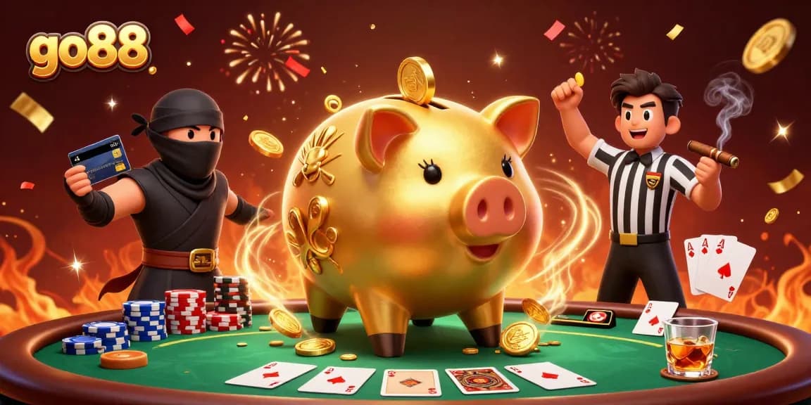 Experience go88 with a dynamic scene featuring a golden piggy bank sumo wrestler and gambling action.