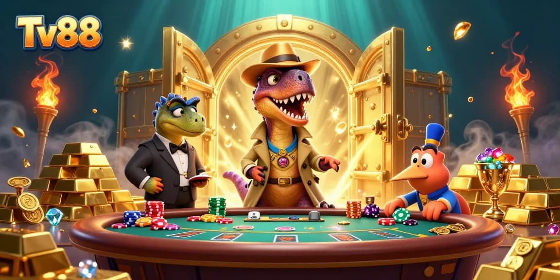 Experience thrilling action at Tv88 with a cartoon velociraptor playing blackjack amid a treasure trove.