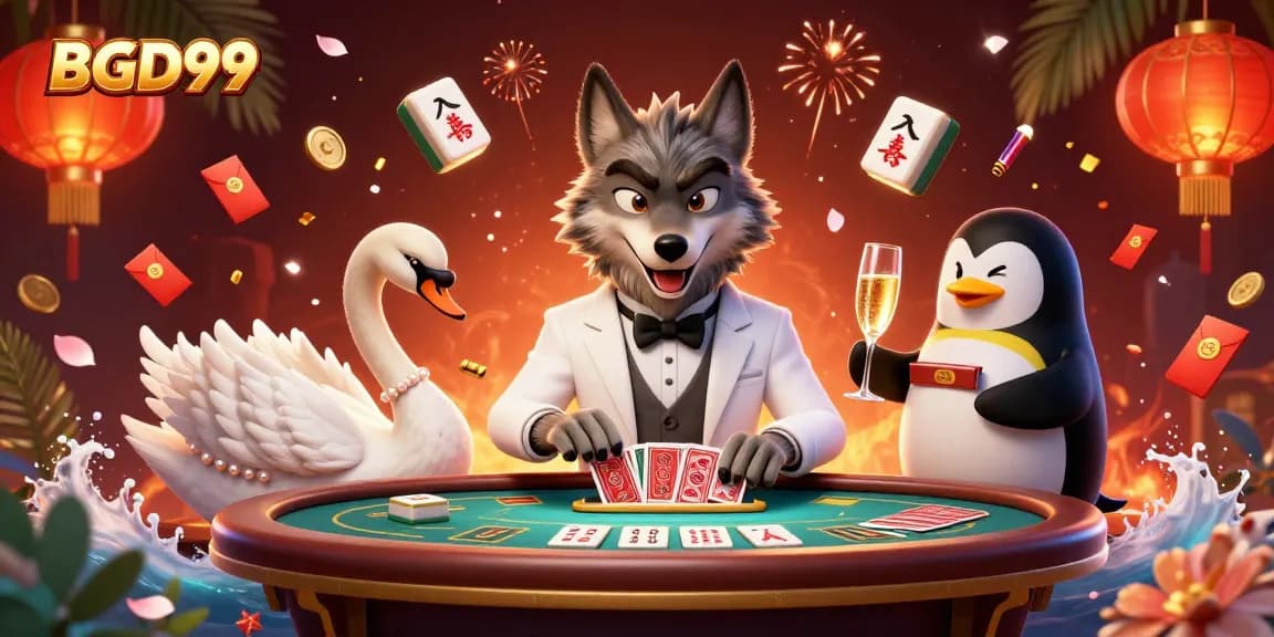 Experience BGD99 with lively 3D characters at a dynamic baccarat scene filled with festive elements.