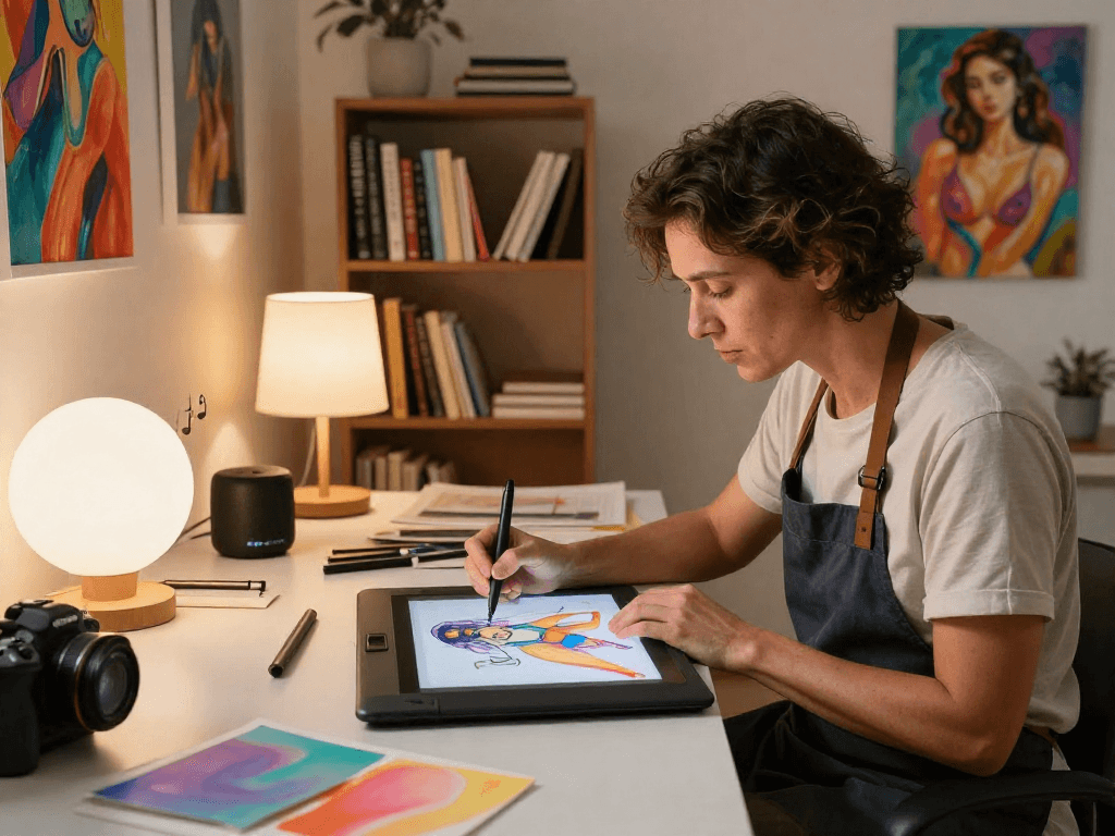 Artist focused on creating NSFW AI art in a sophisticated studio filled with vibrant colors and ambient lighting.