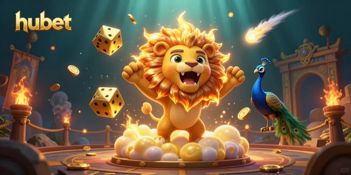 Experience thrilling gameplay on hubet with vivid casino elements, roaring lion, and exciting game tokens.