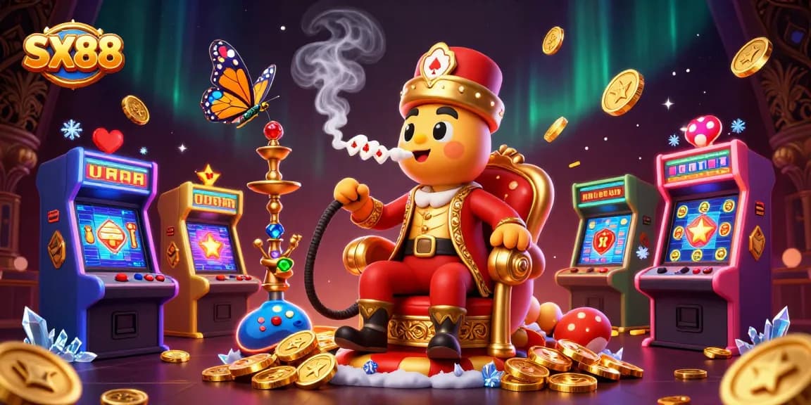 SX88 offers a vibrant gaming experience with a caterpillar master blowing poker symbols amidst colorful slot machines.