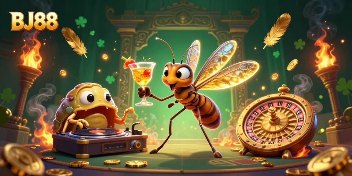 BJ88 engages bettors with a vibrant casino scene featuring a cartoon mosquito mascot and golden roulette.