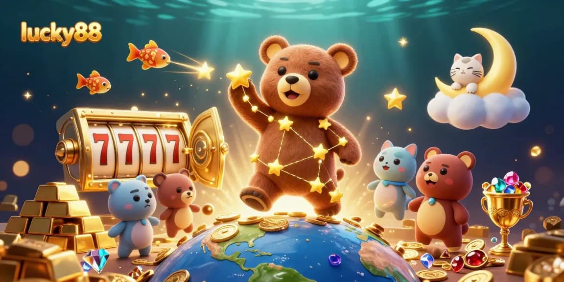 Engage with lucky88 in this vibrant, dynamic 3D casino illustration featuring animated constellations and slot elements.