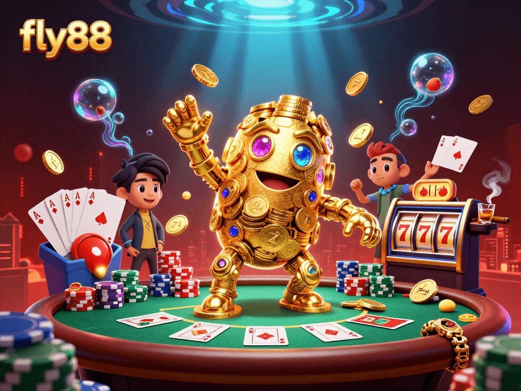 Engage with fly88's vibrant slot games featuring a golden golem and poker elements.