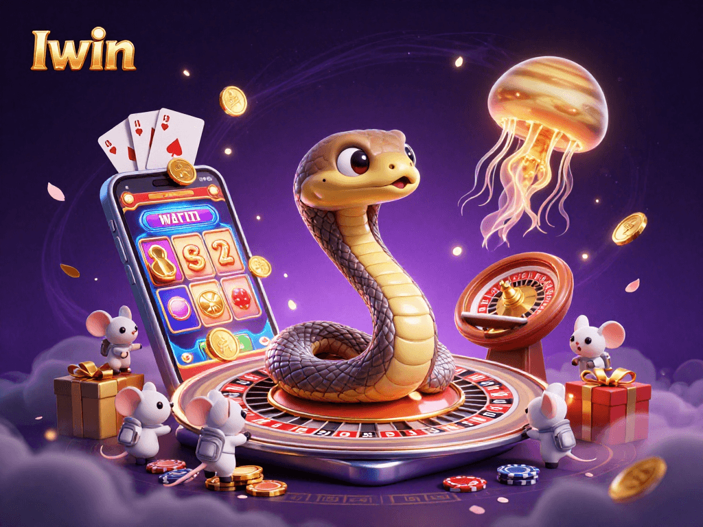 Iwin casino scene with a Saturn ring snake as roulette, astronaut mice betting and a golden jellyfish dealer.