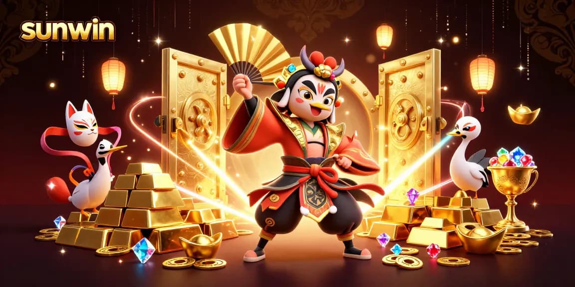 Experience fortune at sunwin with a kabuki warrior and treasure in a lavish casino scene.