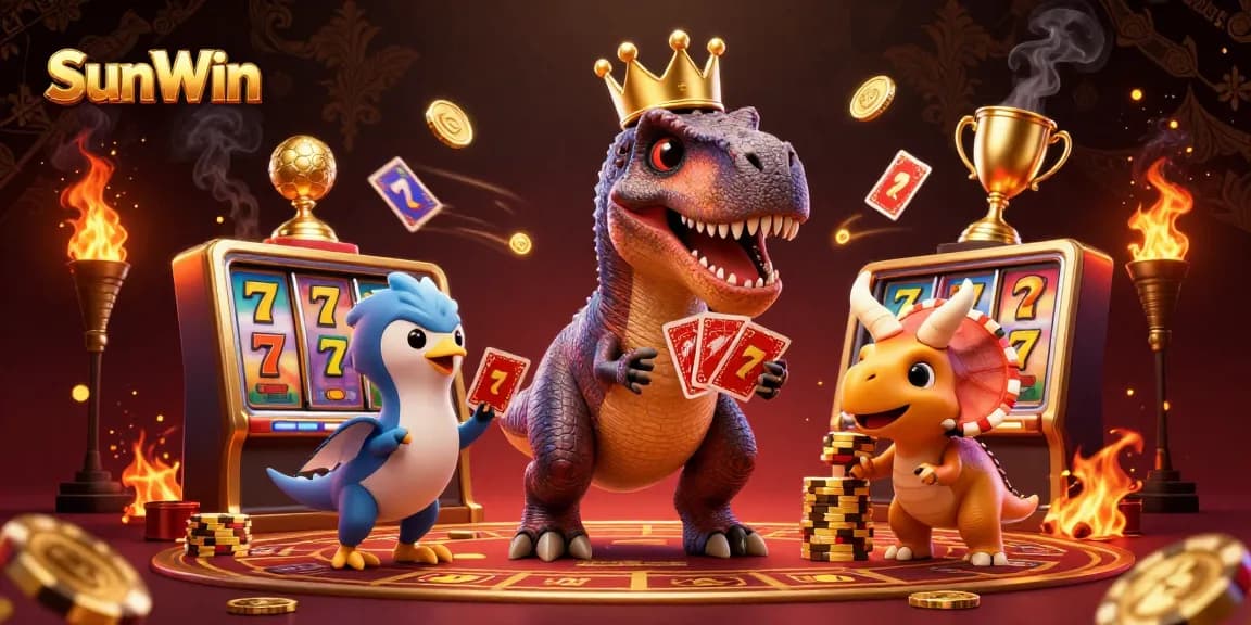 SunWin's vibrant casino experience features a cartoon T-Rex shuffling cards, a pterodactyl assistant, and a triceratops stacking chips.