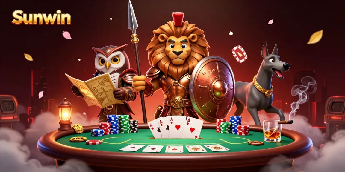 Engage in the thrilling world of Sunwin with epic gaming characters and vibrant casino elements.