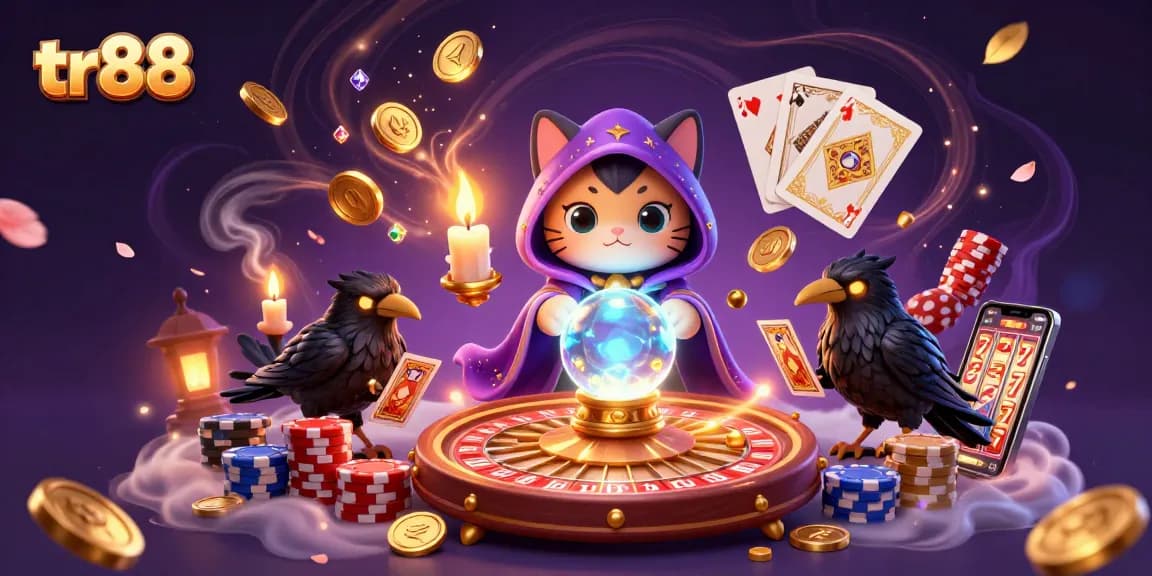 Experience thrilling action at tr88 with a cartoon mystic cat and raven in a vibrant casino scene.