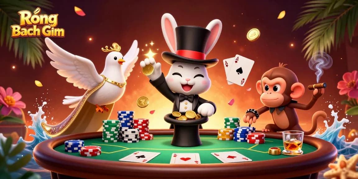 Rồng Bạch Kim showcases an engaging casino scene with a magician rabbit, poker chips, and dazzling effects.
