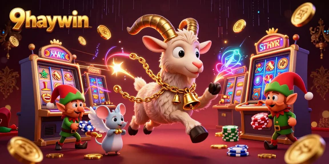 Experience the exciting world of 9haywin with a thrilling scene featuring a Krampus goat and mischievous gremlins in a vibrant casino.