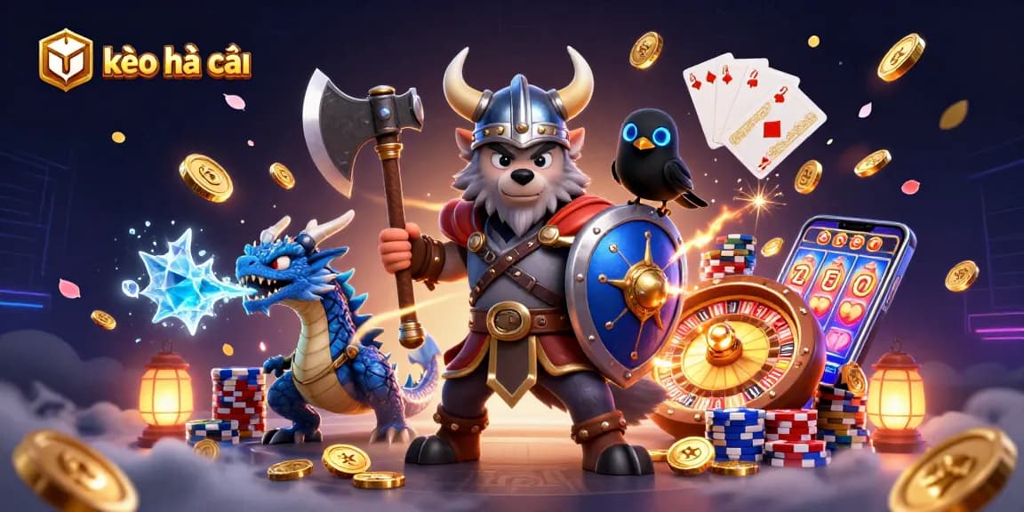 Engage with kèo nhà cái through this vibrant 3D illustration of a Viking wolf warrior and a fierce dragon in a dynamic casino setting.