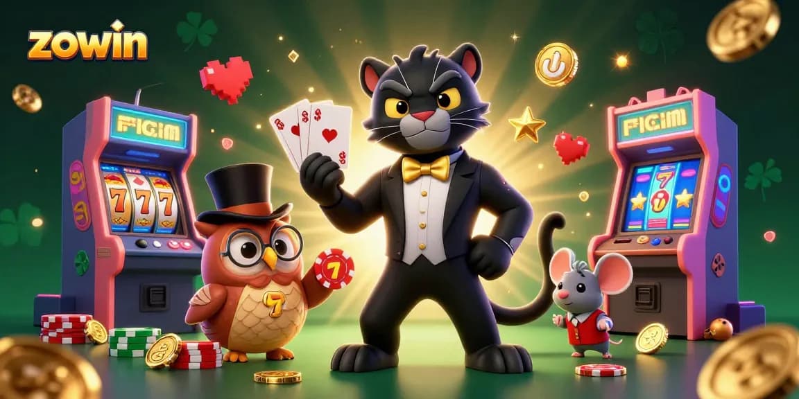 Zowin casino scene showcasing a tuxedo panther, top hat owl, and lucky mouse in a lively slots setting