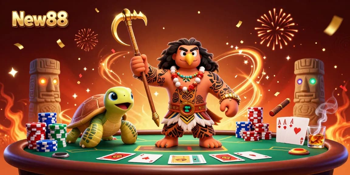Join the adventure with New88 as the demigod takes on poker challenges amid vibrant casino elements!