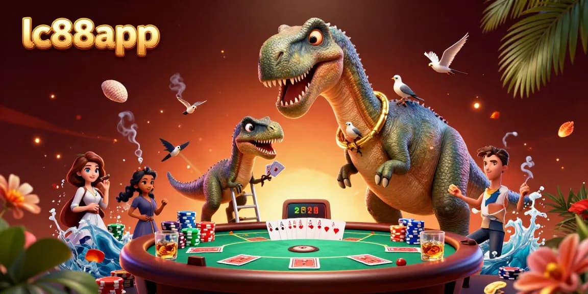 Experience thrilling games at lc88app with dynamic scenes featuring a brontosaurus and poker table.