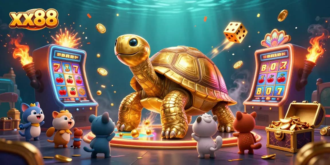 Experience exciting gameplay at xx88 with colorful slot machines, golden elements, and playful characters.