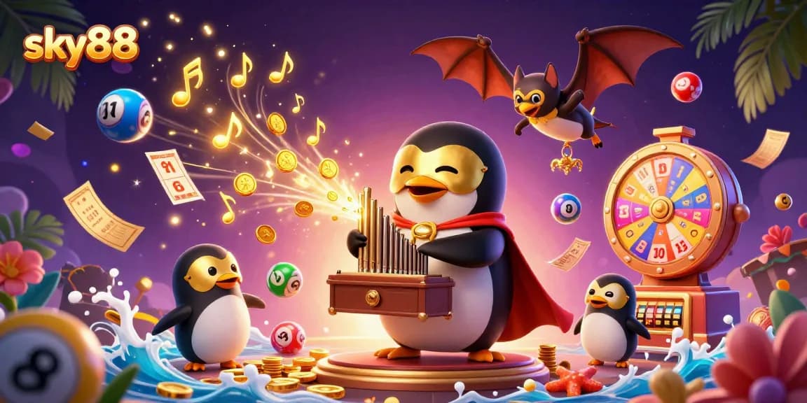 Join the sky88 gaming adventure with vibrant lottery balls and golden prizes raining down.