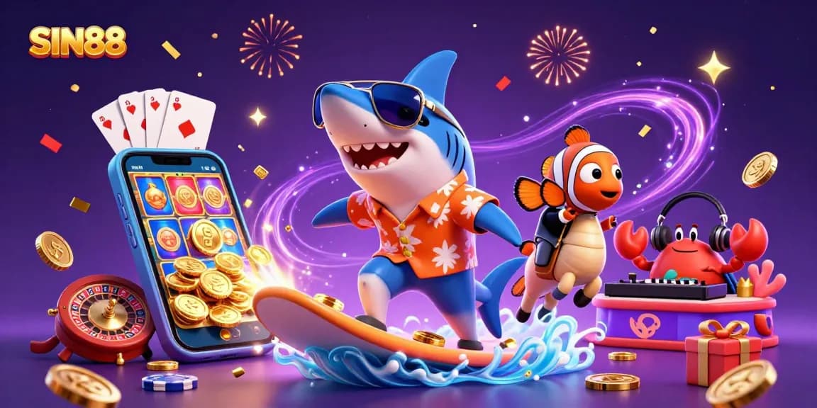SIN88 showcases an exciting 3D scene with a shark surfing gold coins, highlighting online gaming energy.