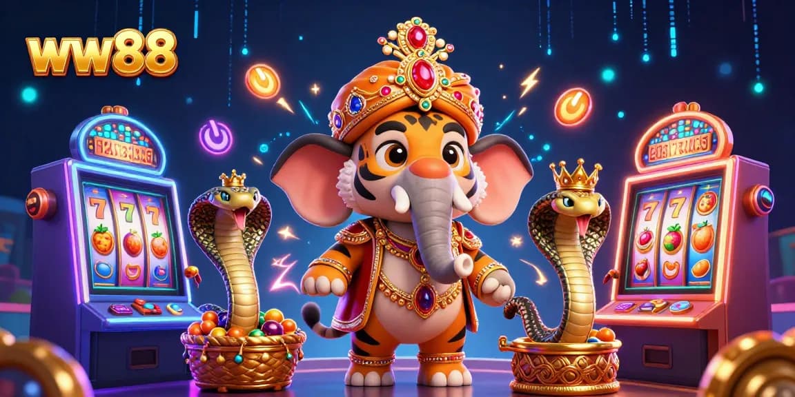 Spin jackpots at ww88 with a vibrant 3D cartoon illustration featuring a maharaja tiger, elephant, and cobra.