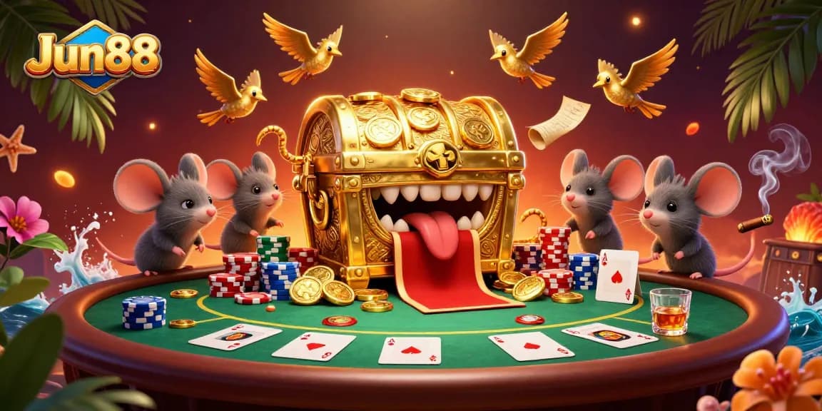 Engage in thrilling gaming with Jun88's vibrant illustration featuring a golden treasure chest and poker elements.