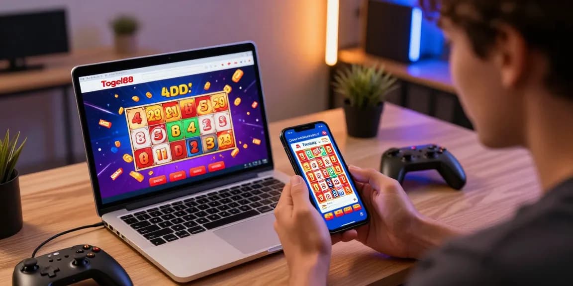 User enjoying Link Alternatif Togel88 on a vibrant digital lottery platform, showcasing excitement in an engaging online gambling scene.