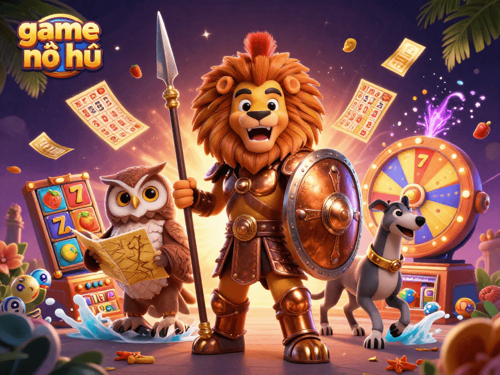 Engage with game nổ hũ in a vibrant 3D illustration showcasing captivating characters and rich casino elements.