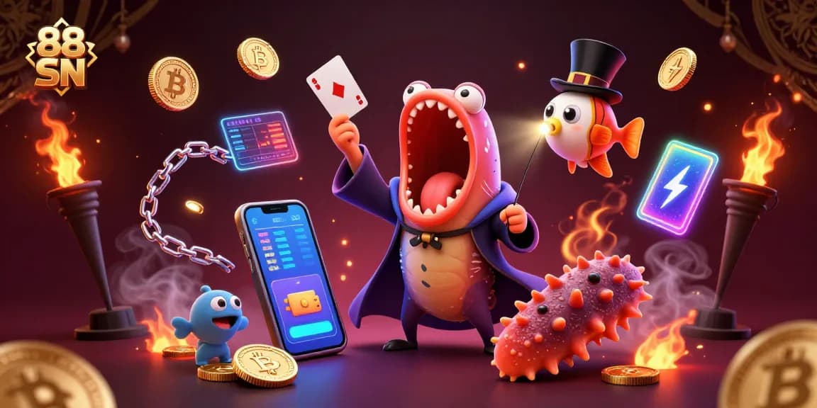 Engaging scene of 88 SN’s lively casino atmosphere with entertaining characters and vibrant game elements.