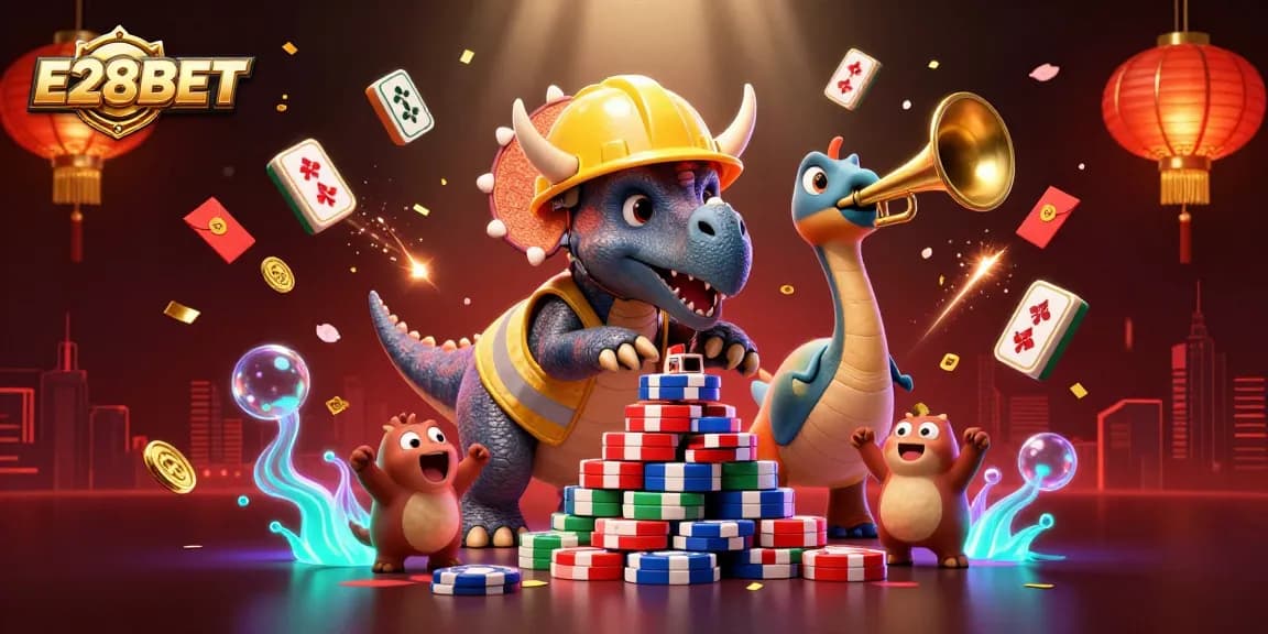 E28BET offers exciting wins with a vibrant casino scene of cheerful characters involved in gaming.