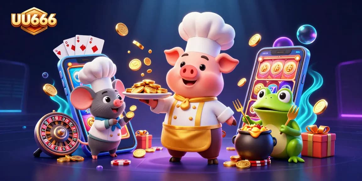UU666 gamblers enjoy golden coins and exciting slot games in this vibrant cartoon illustration.