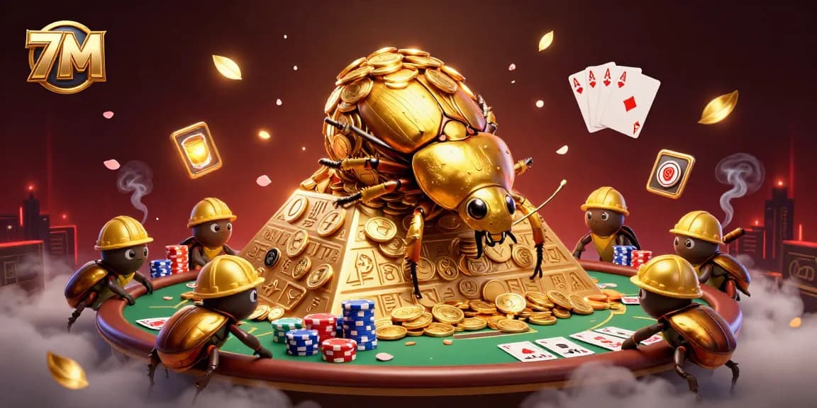 Engage with the 7M casino experience as a golden beetle rolls coins in a vibrant, dynamic scene.