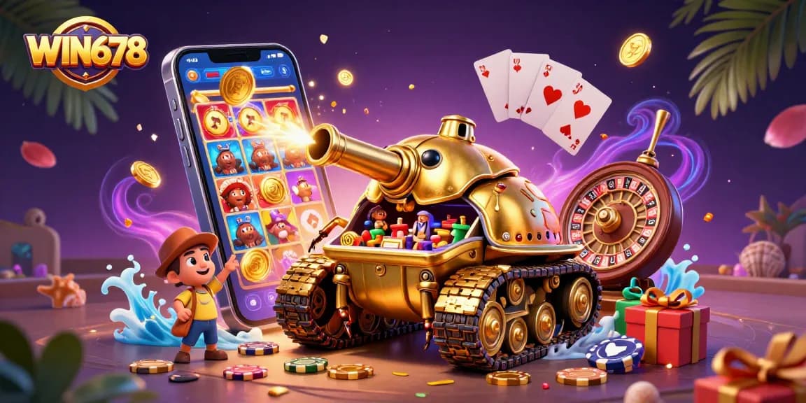 WIN678 showcases a vibrant casino scene with a golden beetle tank revealing games and coins.