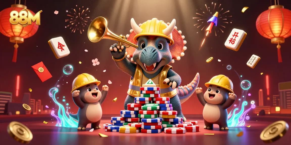 Engage with 88M and enjoy vibrant casino excitement with a celebrating triceratops and game elements.