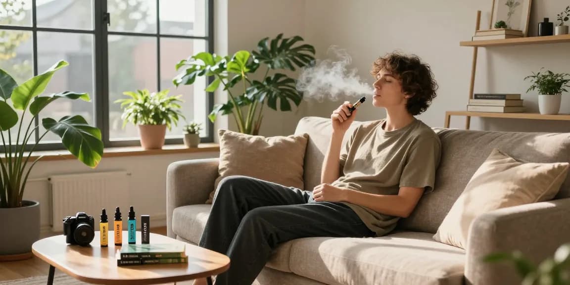 thc vape uk device in a serene setting with natural wellness decor and plants, promoting relaxation and quality leisure.