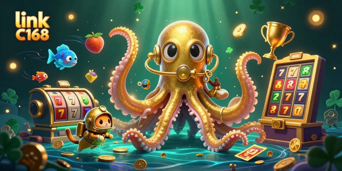 Engage with the thrilling world of link C168 as a colossal kraken and diving cat showcase vibrant slot elements and golden treasures.