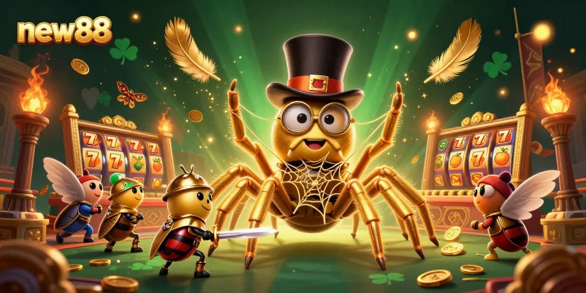 Join the thrilling action at new88 with golden tarantulas and beetle knights in a vibrant casino adventure.