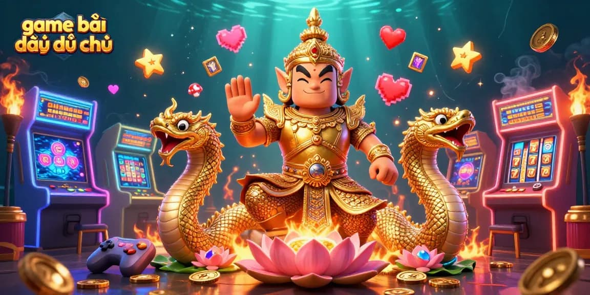 Engage in game bài đấu địa chủ with vibrant 3D characters, arcade elements, and casino gold aesthetics.
