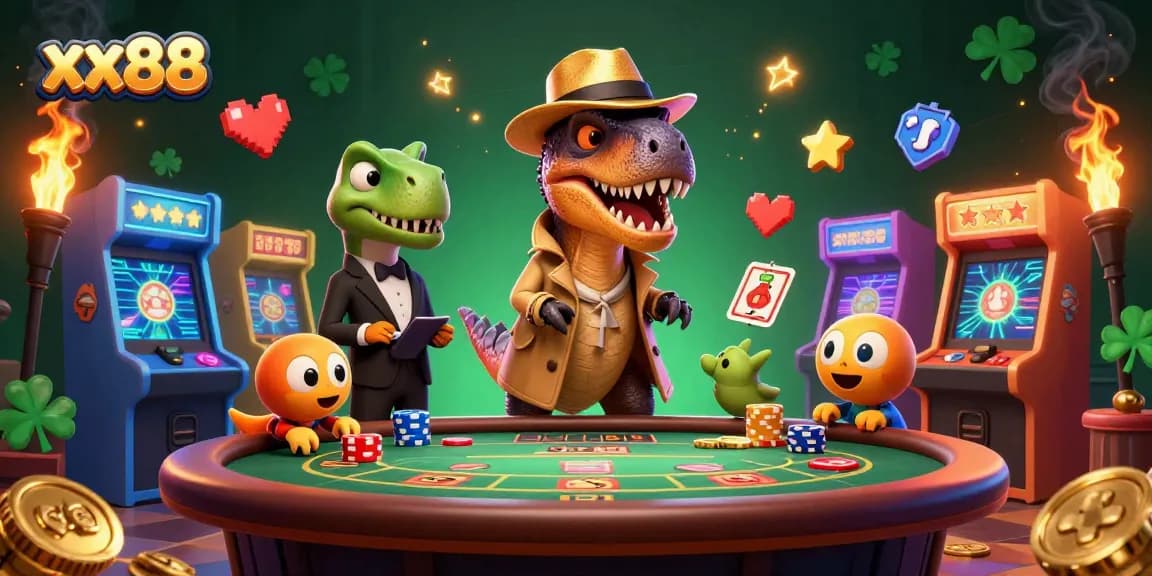 Engage with xx88 as the velociraptor card counter blends stealth at the blackjack table amidst a vibrant casino backdrop.