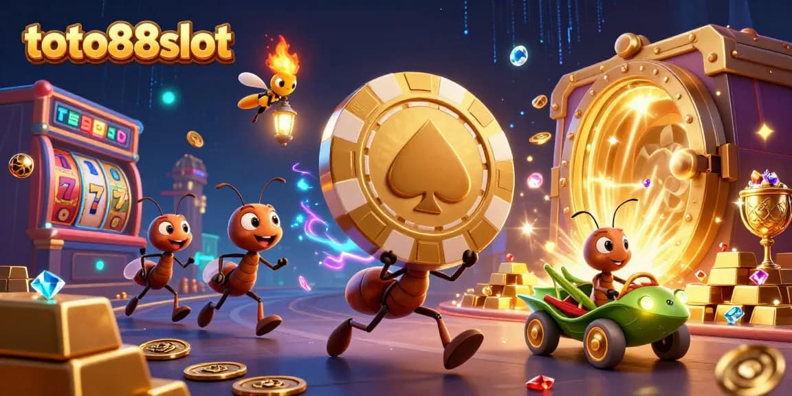 Toto88slot shows ants on a heist carrying a golden poker chip in a vibrant casino scene.