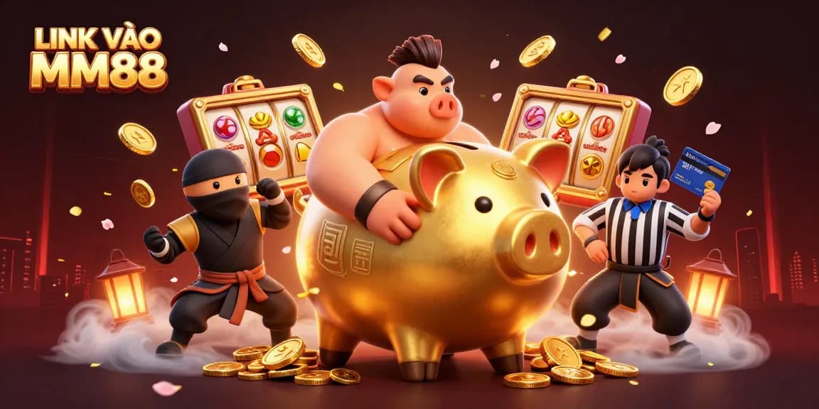 Experience excitement with LINK VÀO MM88 as gaming characters collide in a rich casino scene.