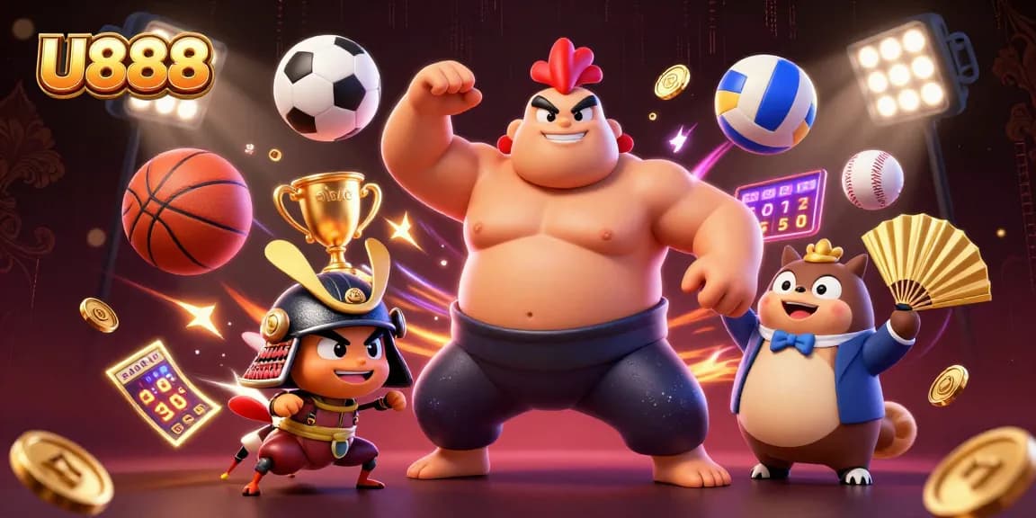 U888 showcases a sumo rooster, samurai cricket, and tanuki in a vibrant betting scene