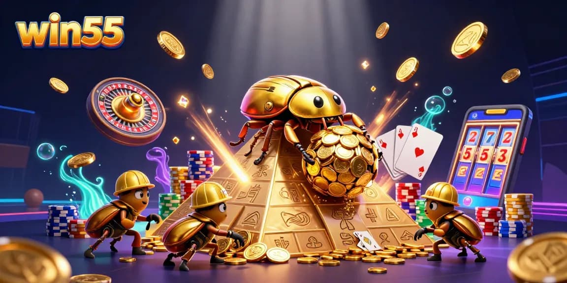 Win55 showcases exciting games with a golden beetle theme amidst casino symbols and vibrant elements.