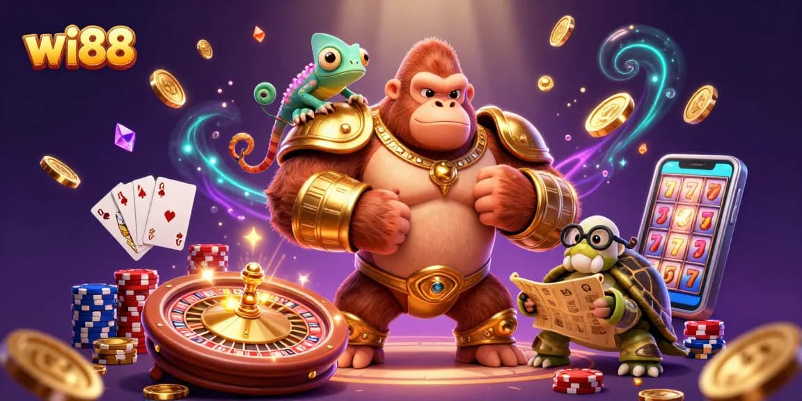 Experience thrilling wins at wi88 with dynamic casino elements in a vibrant, colorful scene.
